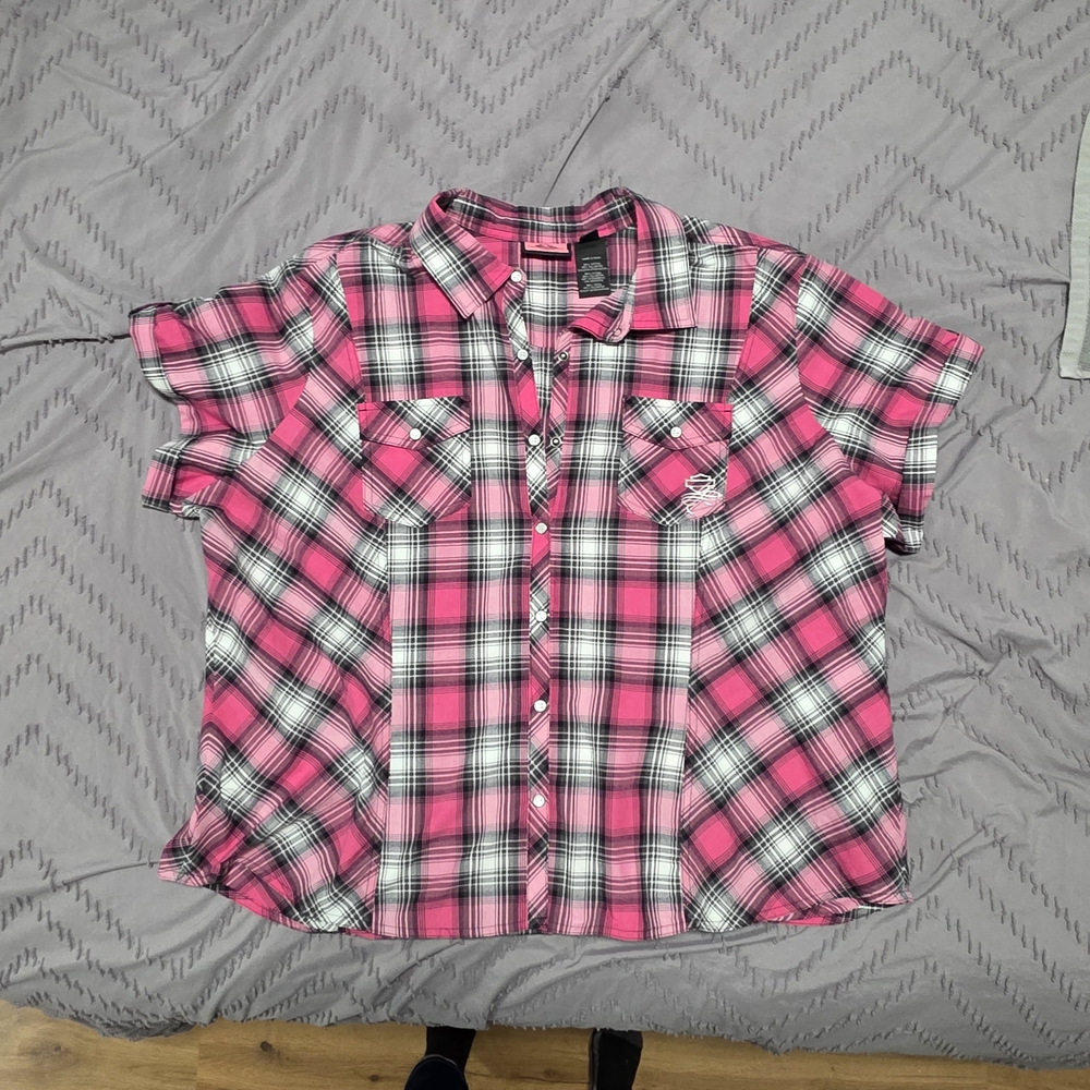 Harley-Davidson Pink and Black Plaid Blouse